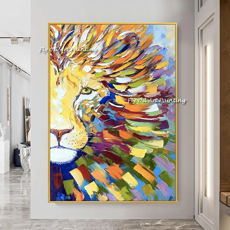 

Handmade Abstract Colorful Lion Painting Modern Animal Wall Art Picture Cuadros for Artwork Home Decoration