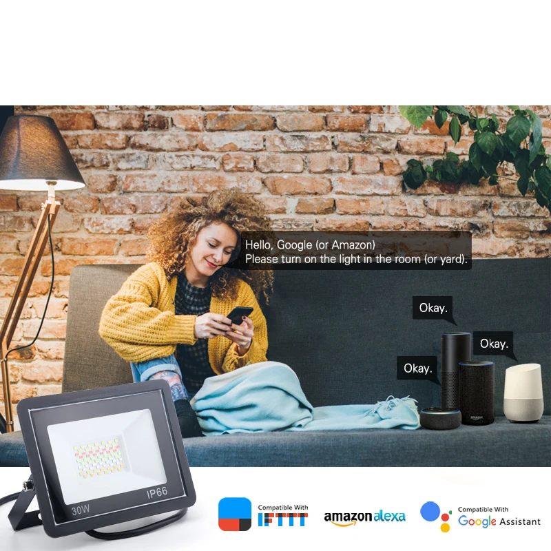 Refletor inteligente de luz led para jardim, 30w, 50w, 100w, ip66, iluminação quente, app inteligente de luz rgb, funciona com alexa, google tuya