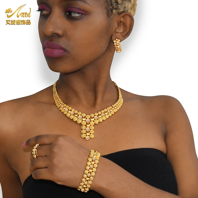 Nigerian Wedding Jewelry Set Gold Color Dubai African Chokers Necklace Earrings Rings Fashion Bridal Jewellery Sets For Women