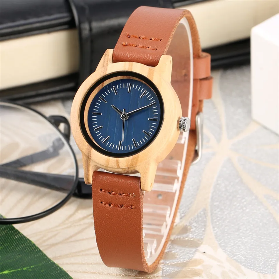 Trendy Minimalist Blue Dial Women Watches Natural Bamboo Wood Case Slim Genuine Leather Wristband Lady Wristwatch Female Watch