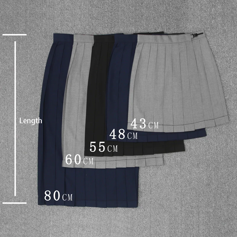 일본 학교 드레스 세일러복, 플레인 플리츠 스커트, JK 유니폼, 대학생 의상, 블랙, 블루, 그레이, 길이 43-80cm