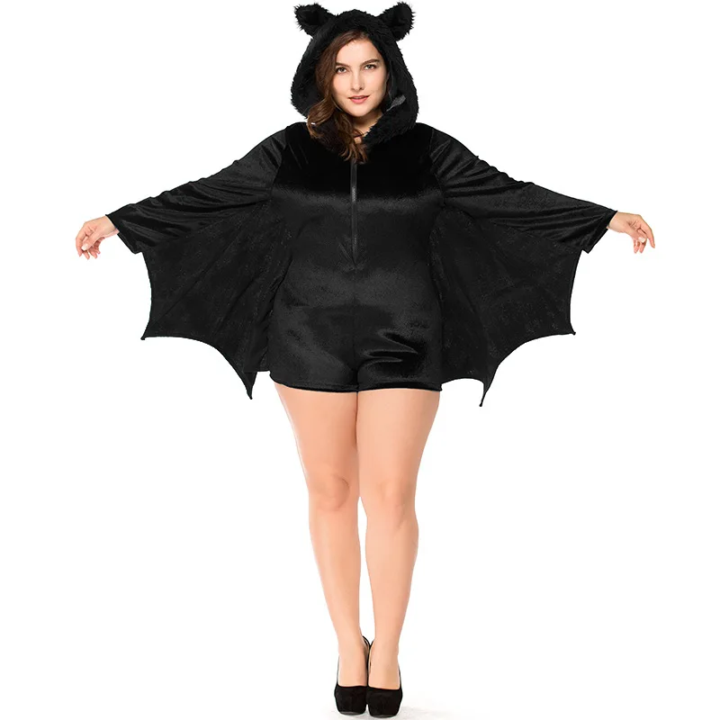 Umorden Vrouwen Black Bat Vampiress Kostuum Cosplay Plus Size Xxxl Furry Hooded Jumpsuit Fantasia Halloween Purim Kostuums