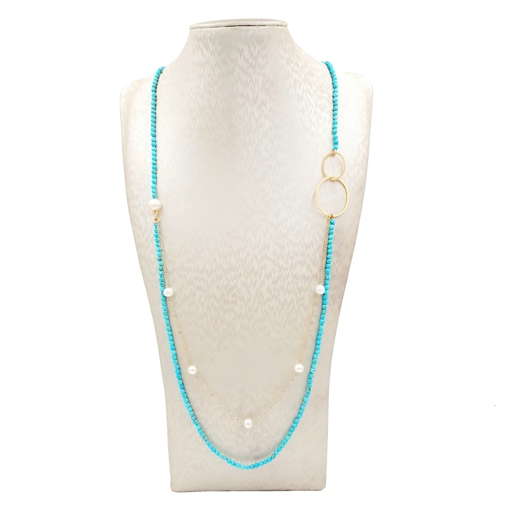 

Lii Ji Turquoise Freshwater Pearl Gold Chain 925 Sterling Silver Gold color Double circles Long Necklace Delicate Jewelry