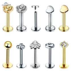 2Pc 1.2x6/8mm Rose Bee Star Helix Tragus Labret Piercing Oreja Cross Heart Conch Piercing Labret Lip Nose Ring Stud Lobe Earring