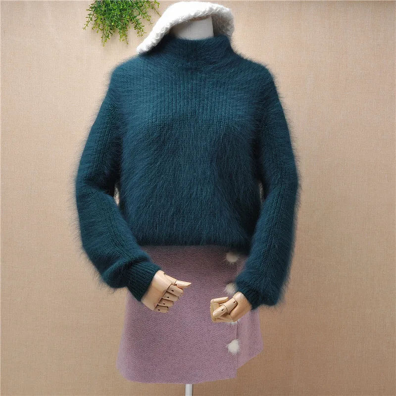 ladies women fashion hairy thick warm mink cashmere turtleneck long sleeved loose pullover angora rabbit hair winter warm jumper