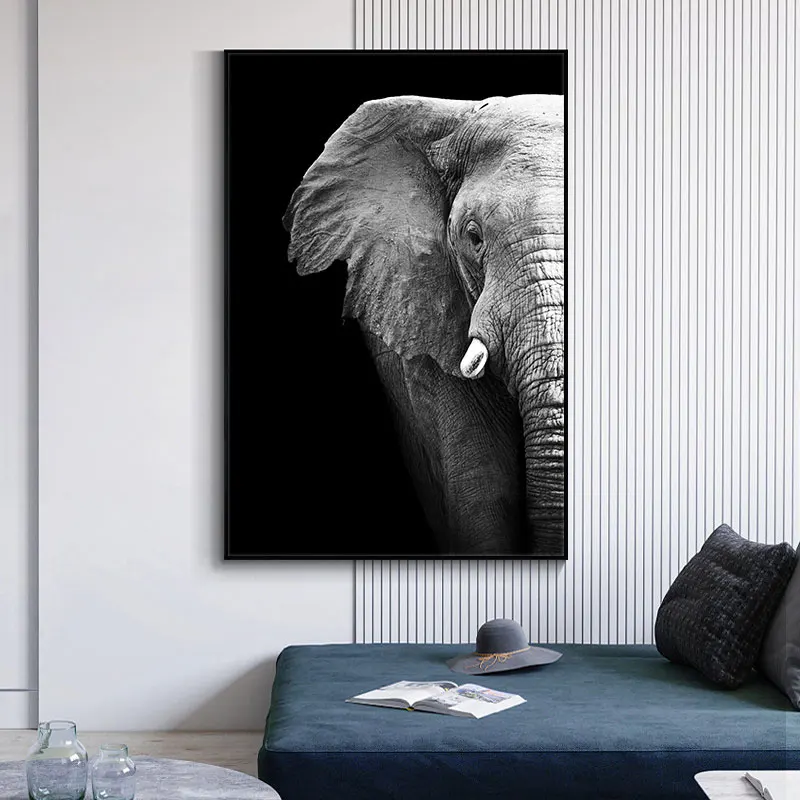 

Black and White Wild Half Elephant Animals Canvas Painting Posters and Prints Cuadros Wall Art Picture for Living Room