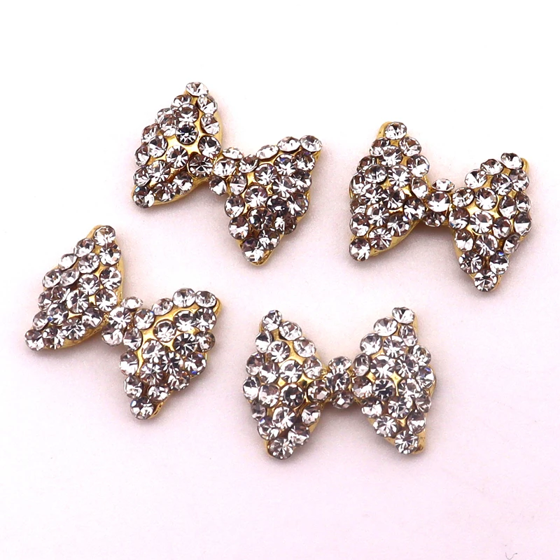 10pcs/bag Charm 3D Metal Manicure Nail Art Decoration Golden Silver Bow Tie Bowknot Inlaid Rhinestone Pearl DIY Nail Accessories