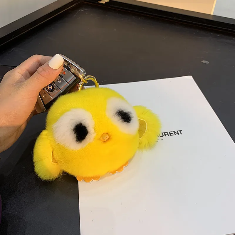 Cute Rex Rabbit Fur Little Yellow Duck Plush Keychain Women Bag Ornament Kids Toys Car Metal Keyring Trinket Fluffy Pendant