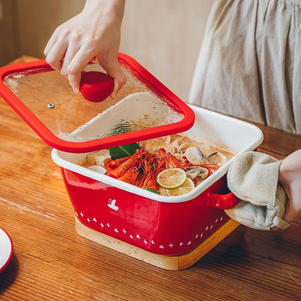 Asuka Enamel on Steel Stockpot with Cover, Enameled Cast Iron Dutch Oven,square Ceramic Pot Non-Stick Enamel Coated Cookware