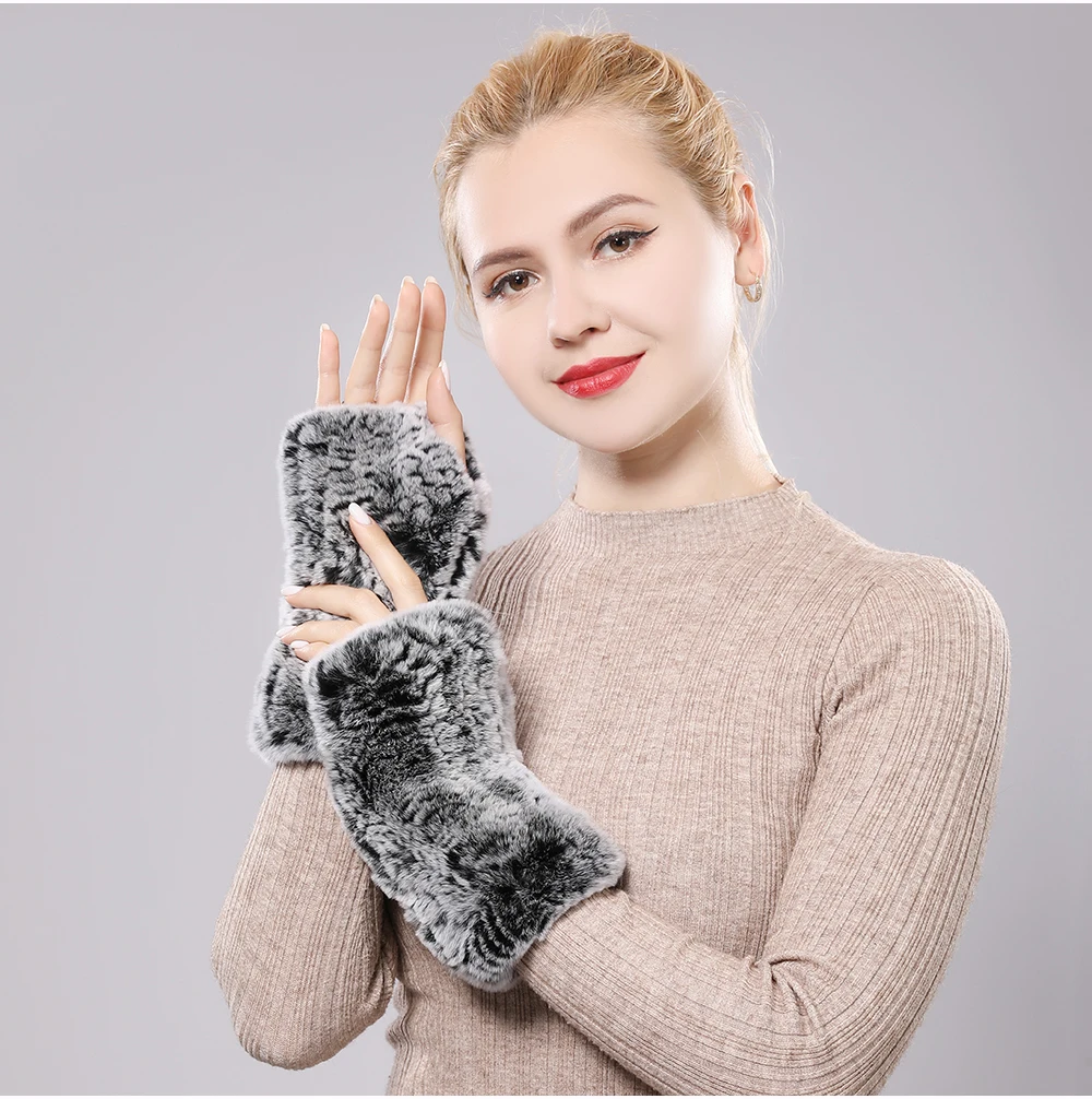 New Women 100% Real Genuine Knitted Rex Rabbit Fur Mittens Winter Warm Lady Real Fur Fingerless Gloves Handmade Knit Fur Mitten