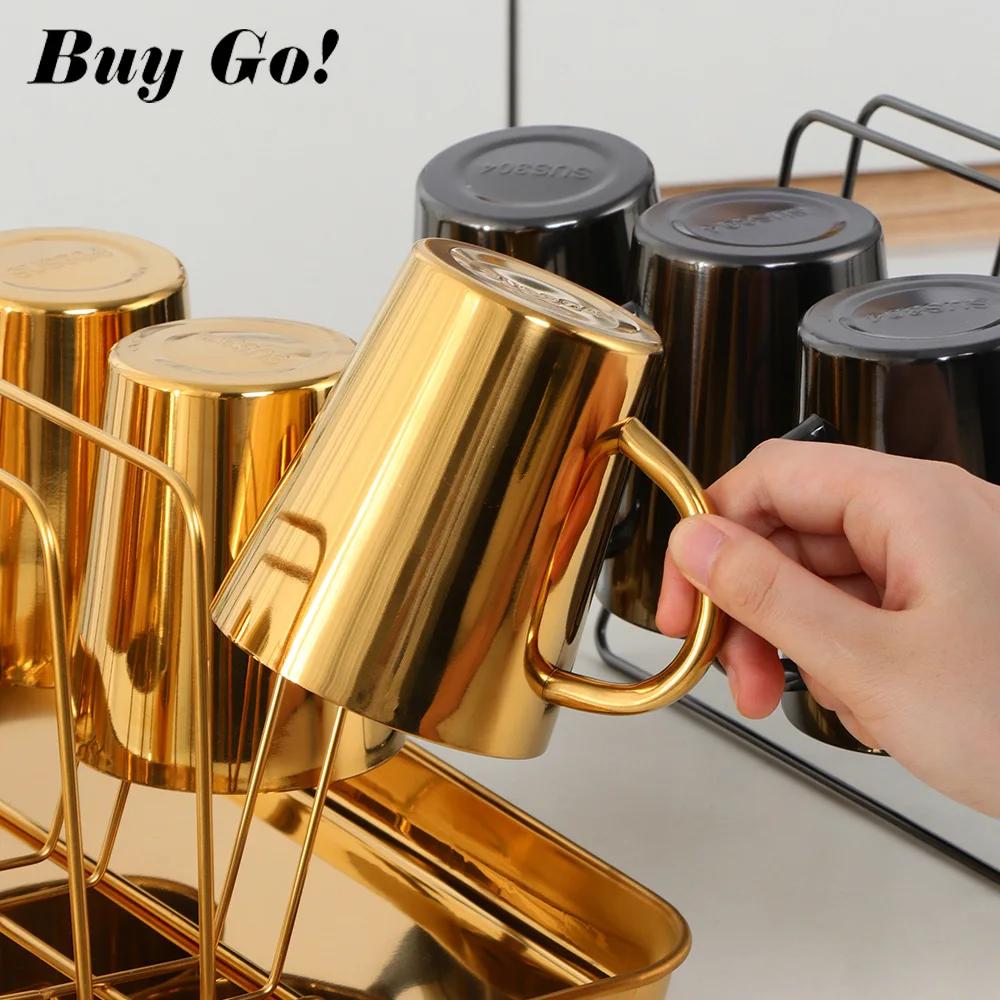 1-8PCS Stainless Steel Drinkware Coffee Mug Portable Milk Tea Cups With Cup Storage Holder Desktop Food Dessert Plate Kitchen