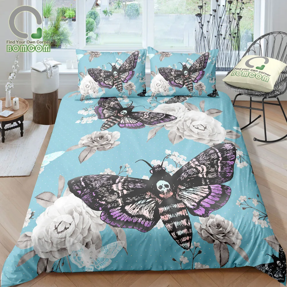 BOMCOM 3D Digital Printing Duvet Cover Set Death's Head Hawk Moth Watercolor Flower Roses Branches Blue (NO Comforter) 1 Duvet C