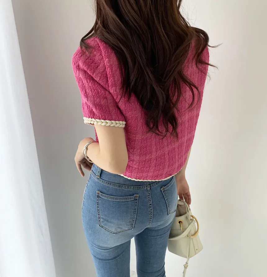 2024 Summer New Elegant Retro Short Korean Plaid Tweed Cardigan Women Fashion Short Sleeved Thin Short Jacket Female Elegant Top