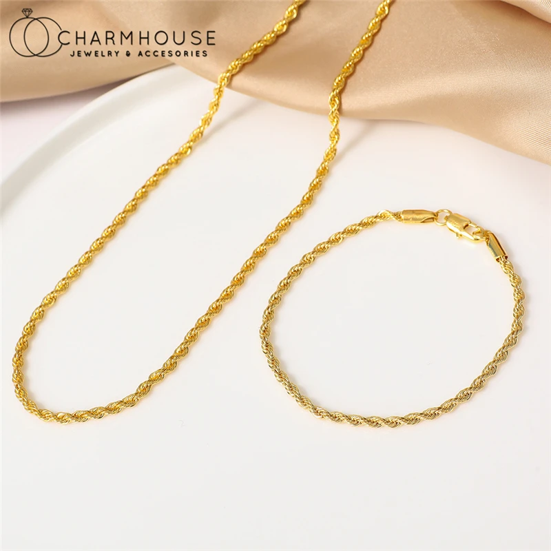 18K Gold Plated Jewelry Sets For Man Women 4mm Twisted Chain Necklace & Bracelet 2 pcs Jewellery Set  Accessories Bijoux Gifts