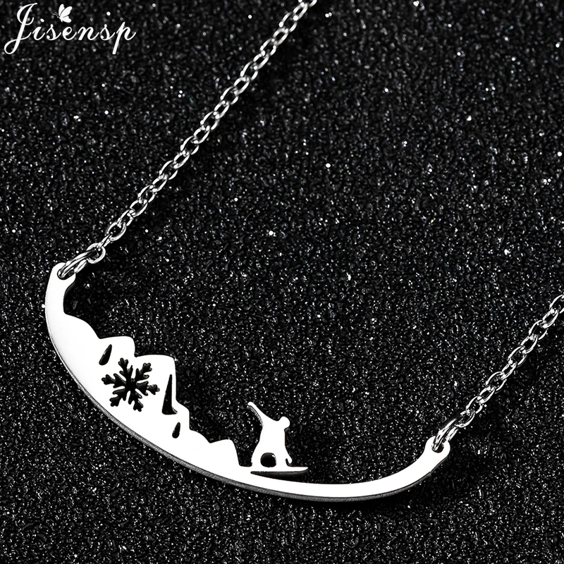 jisensp Snow Mountain Range Pendant Necklace 2020 Trendy Snowboarder Stainless Steel Necklace Women Skiing Jewelry Sports Gifts