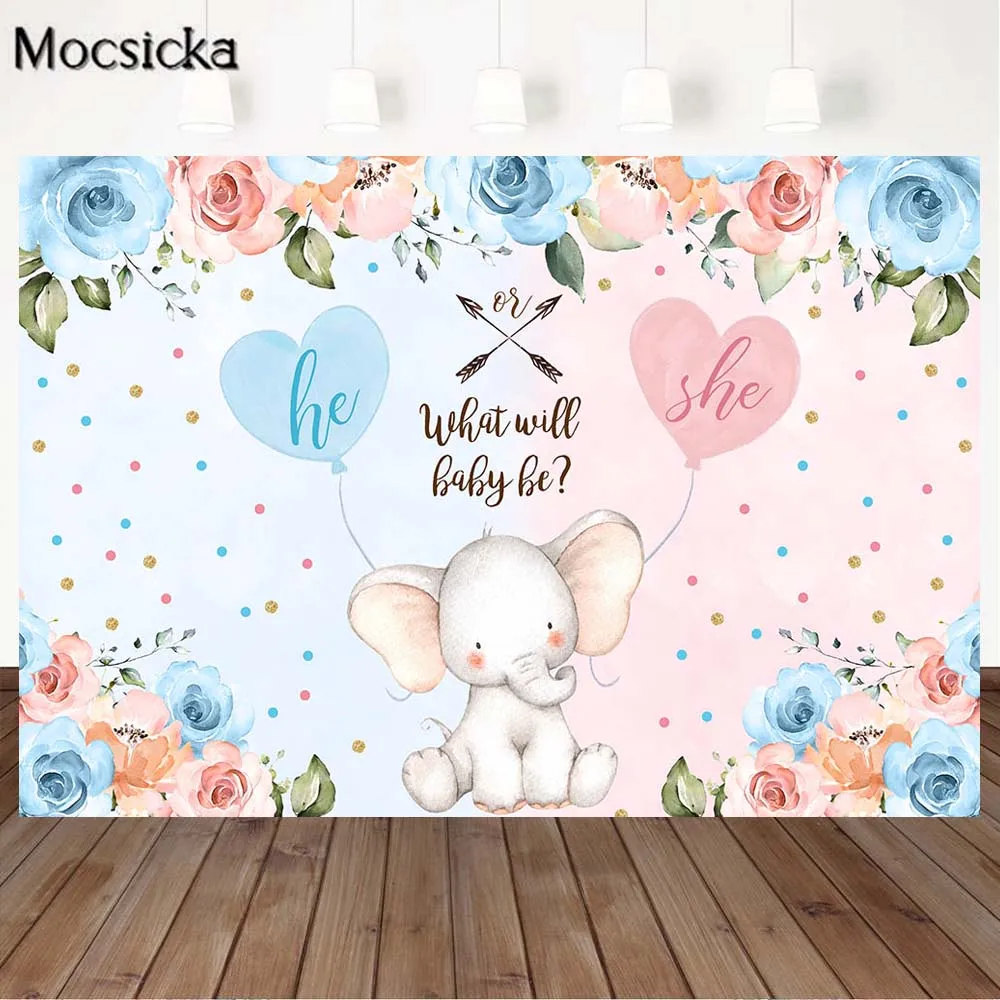 What Will Baby Be？Gender Reveal Party Backdrops Decor He or She Newborn Baby Shower Photography Background White Cute Elephant