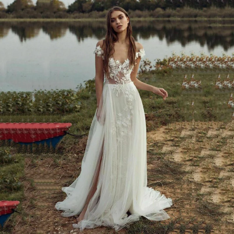 Vestidos De novia Bohemia con abertura alta, línea A, hombros descubiertos, apliques De encaje Floral 3D, Vestido De novia largo Sexy, 2021