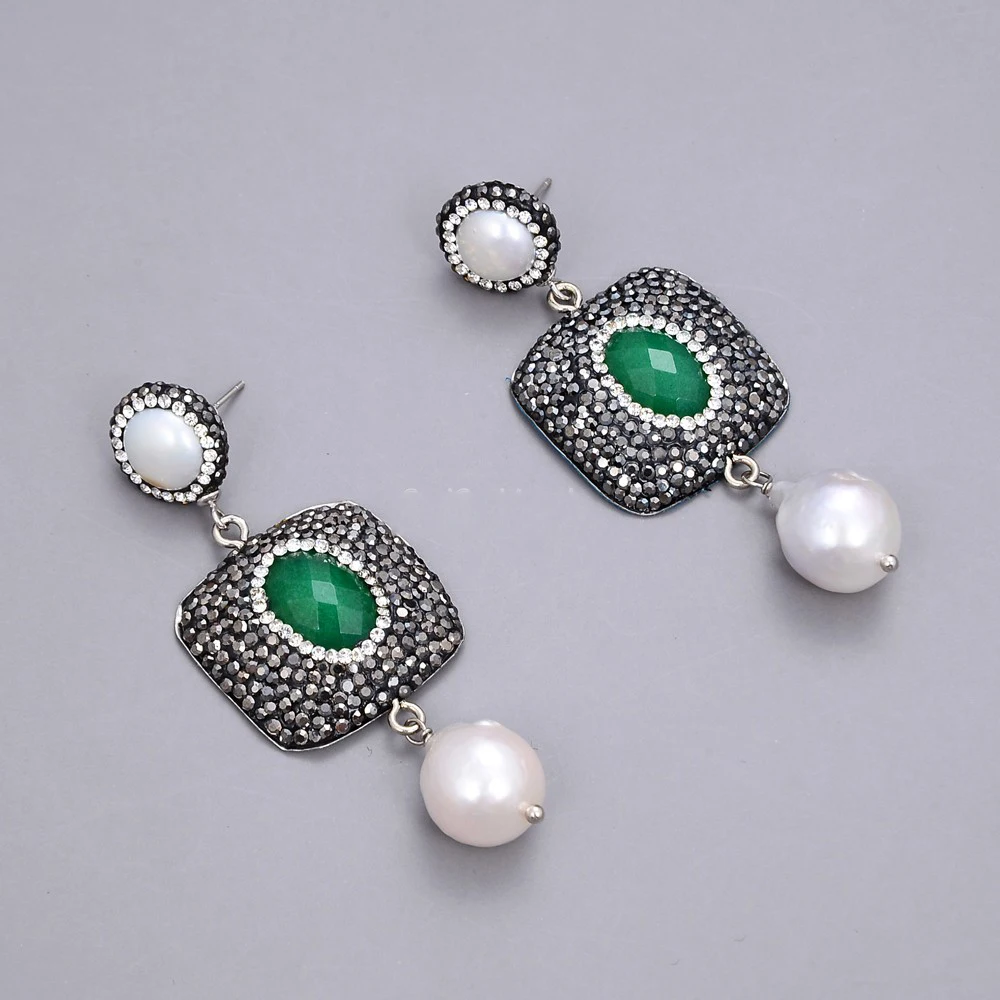 

19" 25mm Green Jade CZ Paved White Round Pearl Necklace Keshi Pearl Pendant Earrings Set