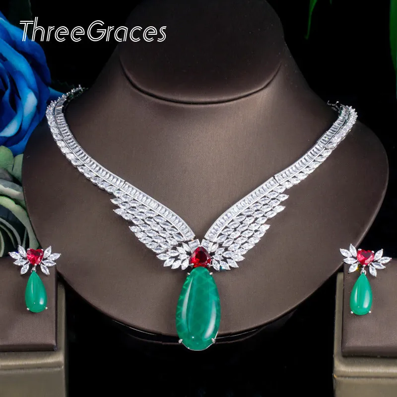 ThreeGraces Trendy Green CZ Zircon Stone Bridal Wedding Necklace Earrings Jewelry Sets  for Women pendientes mujer moda JS640