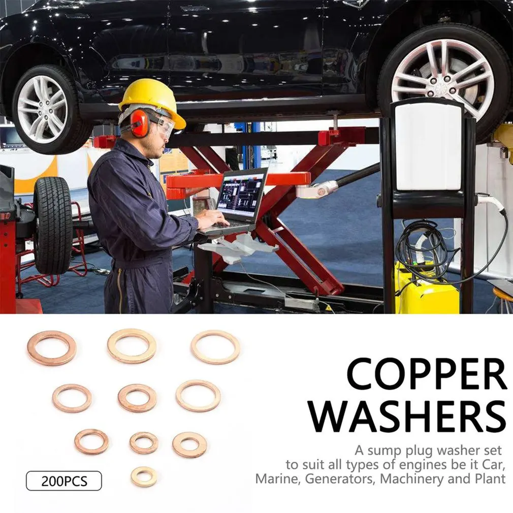 200Pcs Solido Rondella di Rame M5-M14 Anello Piatto Coppa Plug Paraolio Assortiti Box Set