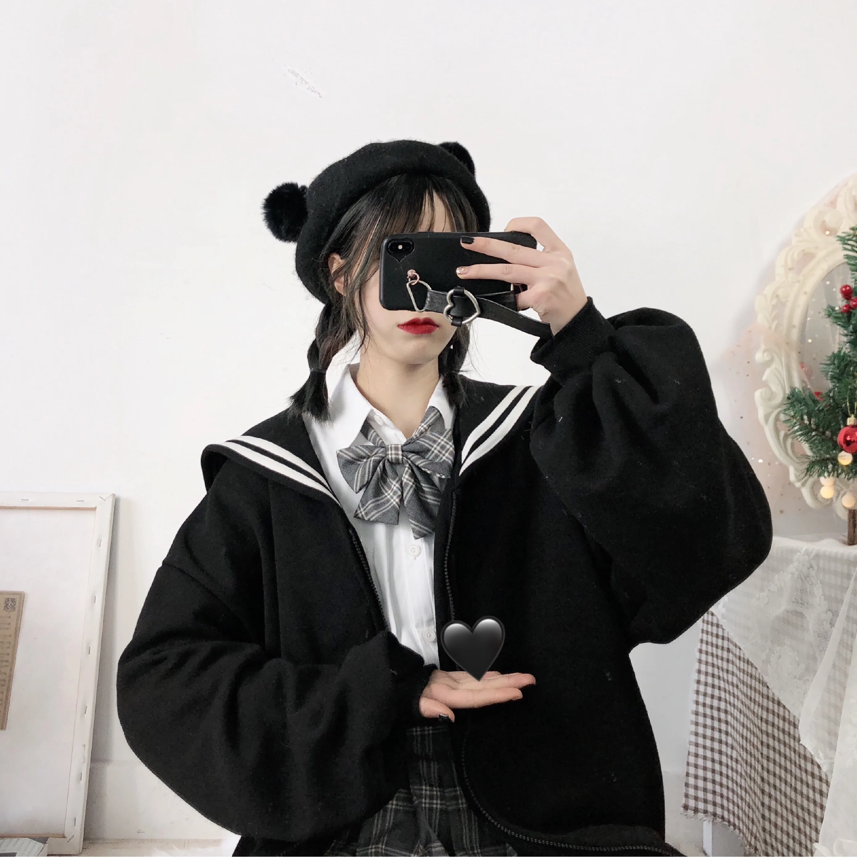 Kış Kawaii kız büyük boy fermuarlı kapüşonlu eşofman üstü Streetwear Sailor yaka kazak kadınlar Harajuku fermuar giyim ceket siyah