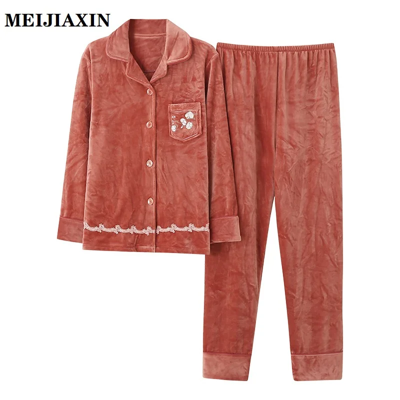 

Winter Thick Warm Women Coral Fleece Pajamas Set Floral Sleepwear Long Sleeve Turn-down Collar Female Nighty Homewear