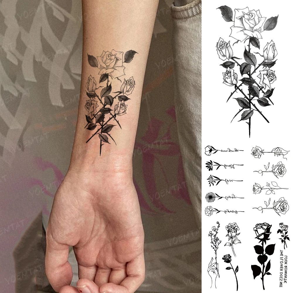 

Waterproof Temporary Tattoo Stickers Thorny Rose Henna Wrist Sexy Flower Flash Tattoo Woman Girl Man Flash Tatto Line Fake Tatoo