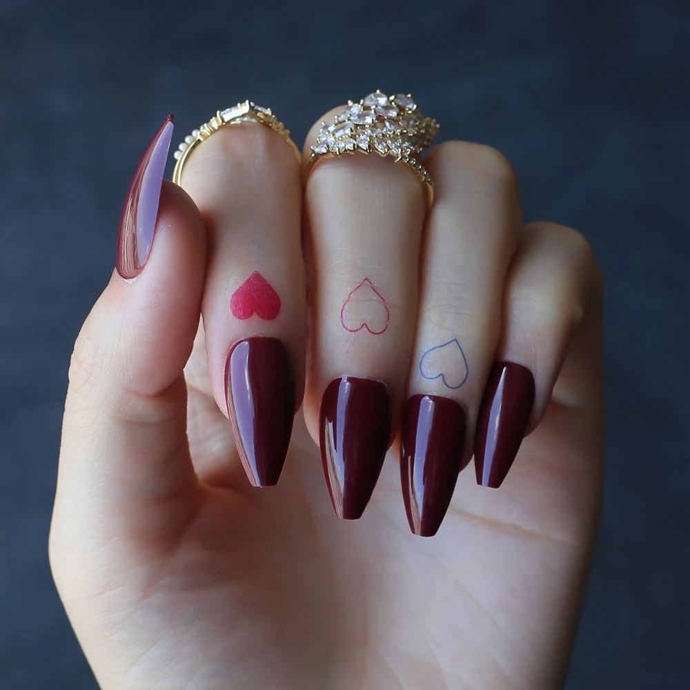 Short Ballet Fake nails Burgundy color False nails Vampire UV gel Coffin Exquisite Medium Artificial nails view 6