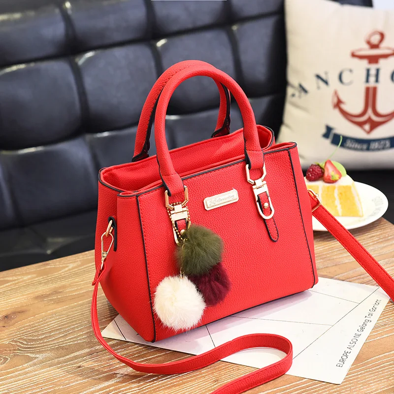 High Quality 1PC Black Women Handbag Large Capacity PU Leather Lady Shoulder Bag Messenger Bag With Hairball Travel Bag Fashion