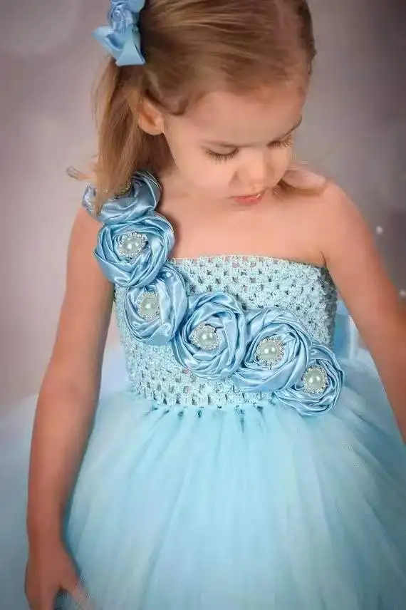 Girls Blue Rose Flower Tutu Dress Kids Crochet Tulle Dress Ball Gown Evening Banquet Dress Children Birthday Party Costume Dress