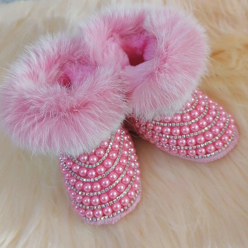 Pearls Crystal Baby Girls Snow Boots Headband Rhinestones Bling Shining Golden Noble Angel Shoes Winter First Walkers Gift