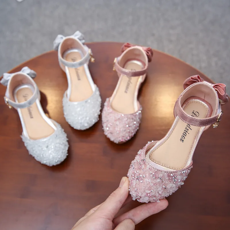 Sandal Kulit Berlian Imitasi Fashion Musim Panas Anak Perempuan Sepatu Hak Tinggi Putri Sandal Anak-anak Baru 2022 Sepatu Pita Anak-anak 3-12 Tahun