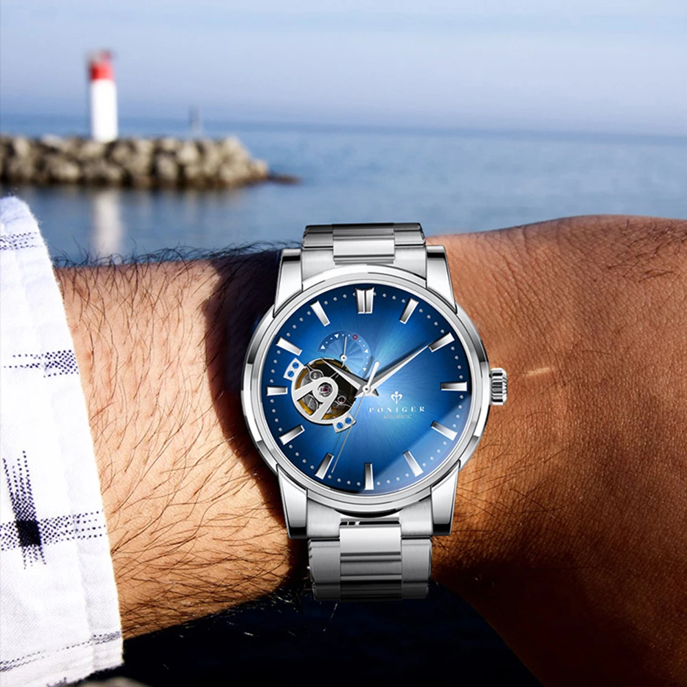 Мужские автоматические часы, мужские наручные часы PONIGER, мужские механические часы с автоматическим заводом, водонепроницаемые часы, люксовый бренд, полый циферблат, reloj