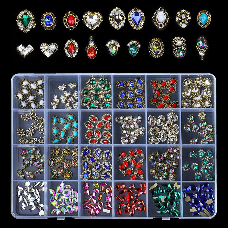 

24 Grid Mixed 3D Nail Manicure Decoration Variety Shiny Rhinestone Gems Nail Charms Metal Crystals Nails Accessories Tools Kits