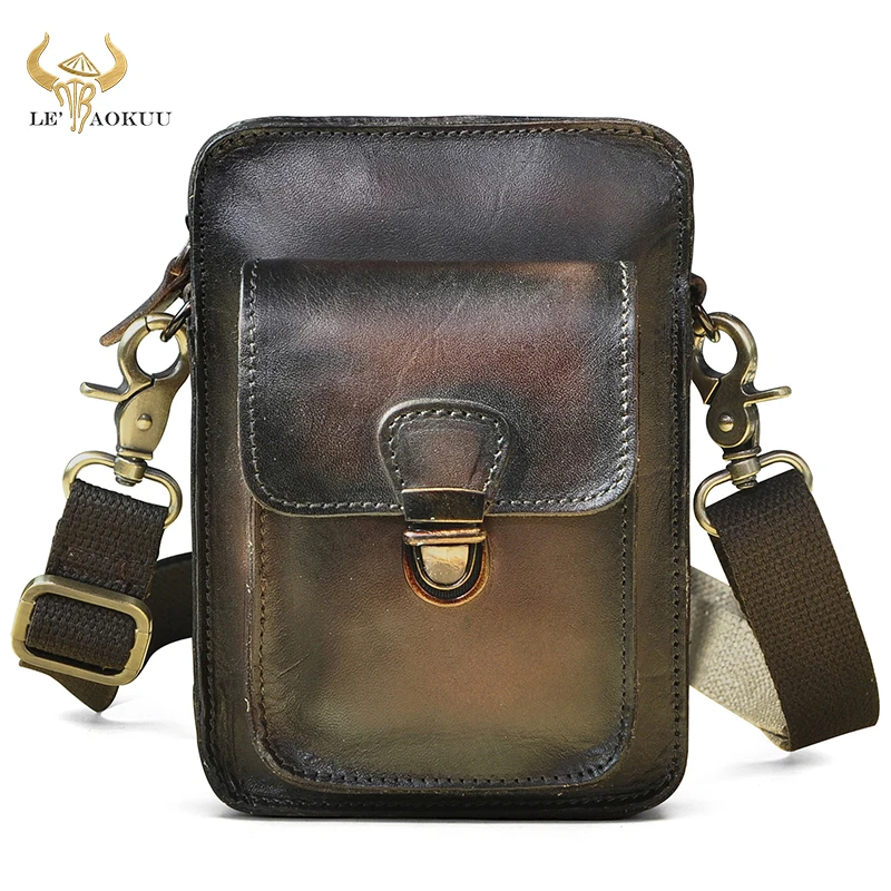 Genuine Leather Men Multi-function Design Small Messenger Bag Fashion Fanny Waist Belt Bag 6\