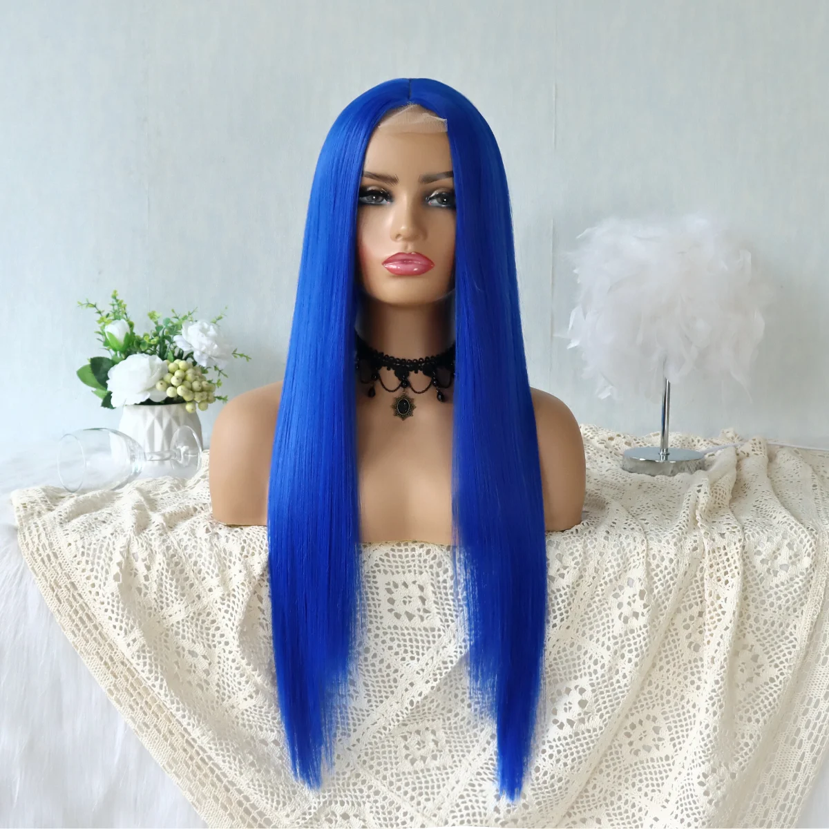 Bright Blue Synthetic Lace Wigs Long Silk Straight Bright Blue Wig with  High Temperature Fiber for Women Party Show