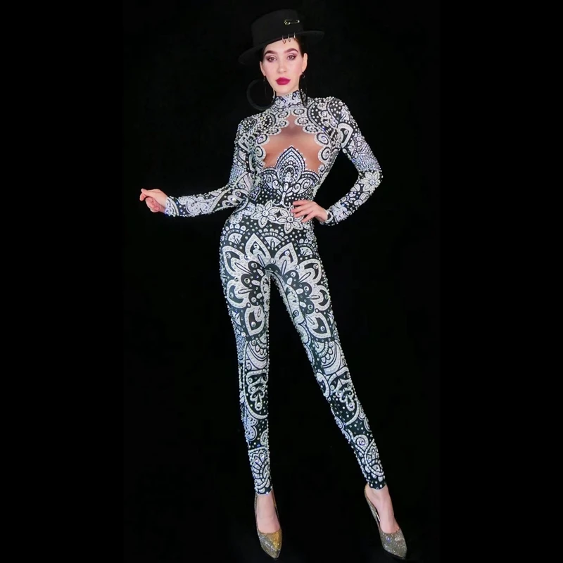 

New Printed Sexy Stage Gray Silver Rhinestones Jumpsuit Long Sleeves Bodysuit Singer Dancer Party Outfit Performance Costumes