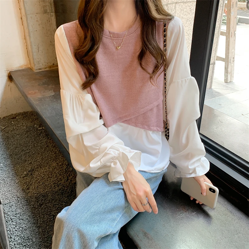 Vintage Korean Fake Two Piece Blouse Women Puff Sleeve Patchwork Blouses Tops Shirt Fashion Blusas Mujer