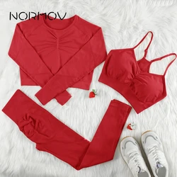 NORMOV Sports Set Women 2/3 PCS Gym Set For Women Seamless 11 Colors Hot Yoga Set Long Sleeve Shirts Leggings Push Up Bra Suits