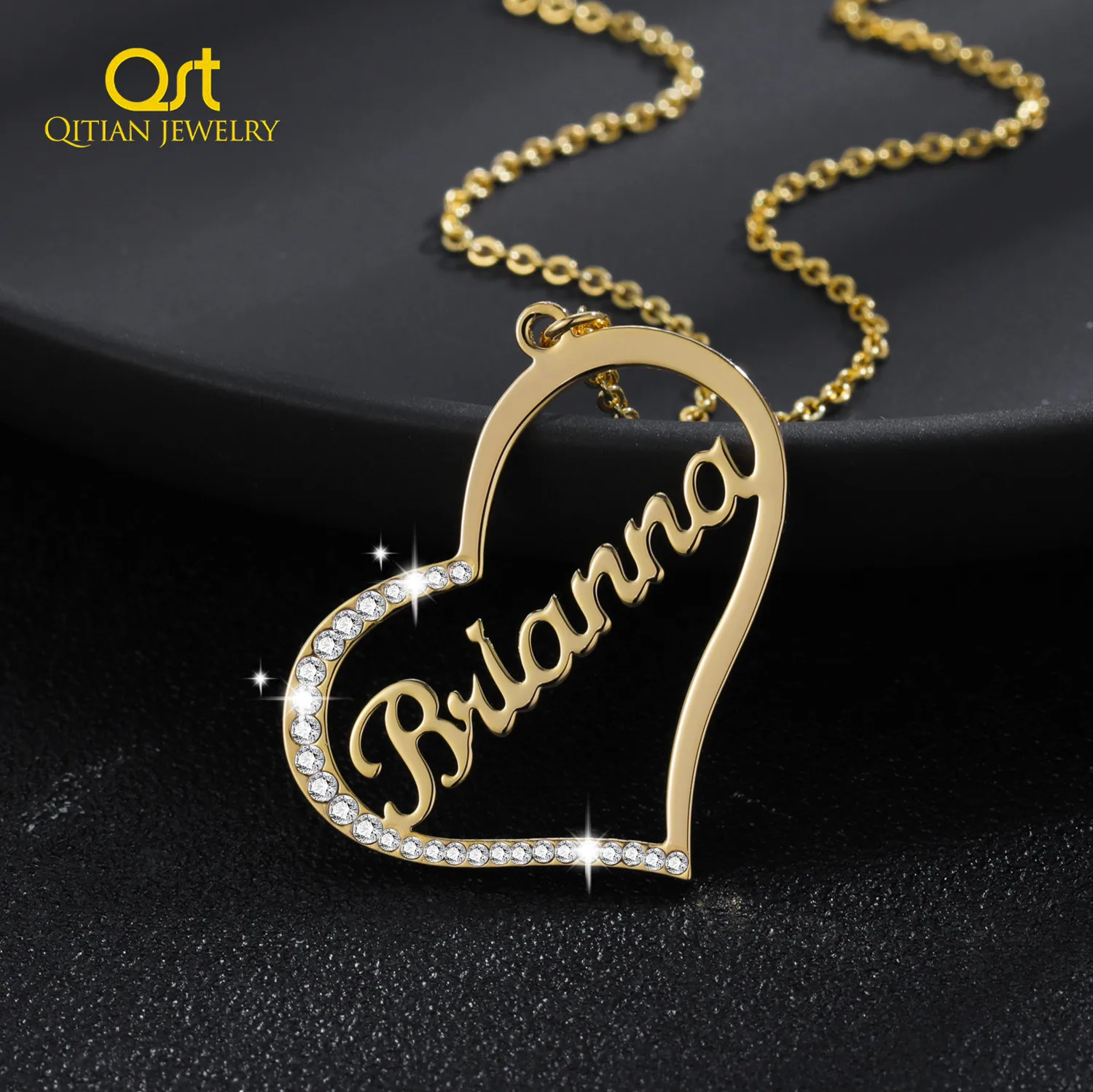 Personalized Iced Out Heart Name Necklace Gold Stainless Steel Jewelry Customized Heart Name Necklace Charm Gifts For Women Girl