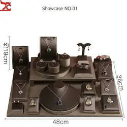 Luxury Set Brown PU Bangle Storage Case Holder Organizer Jewelry Store Shop Window Necklace Ring Jewelry Display Stand Set Tray
