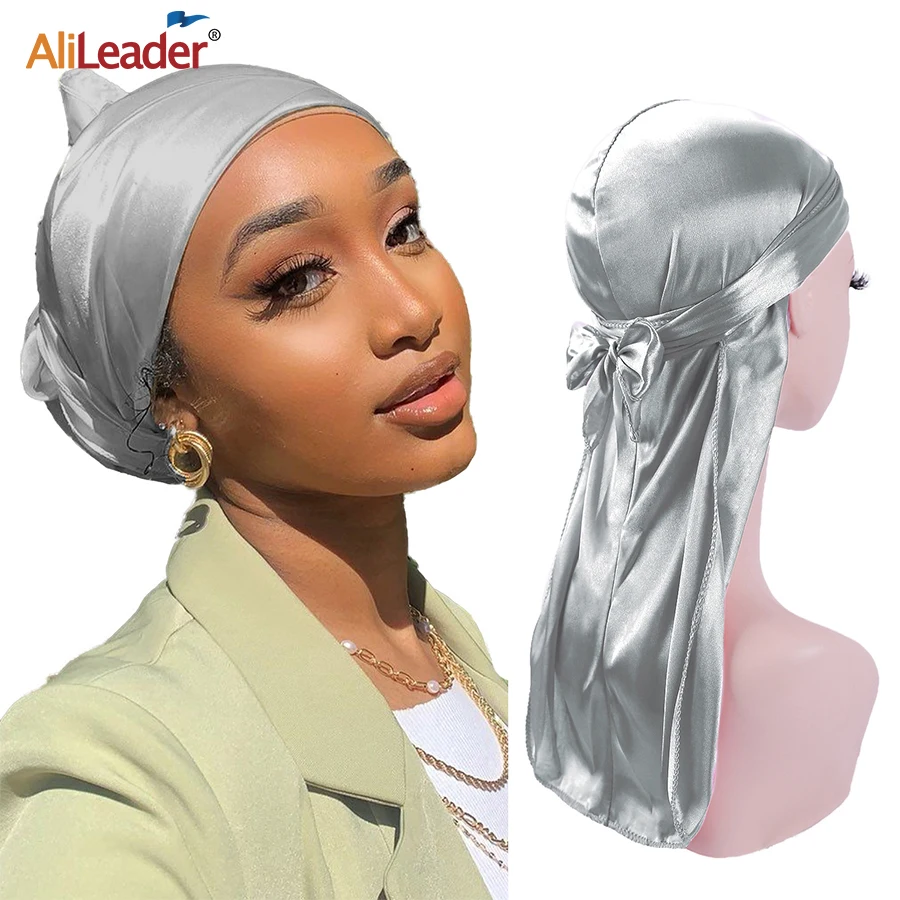 Fashion Silver Purple Silk Durag For Men Women Silky Doo-Rags Satin Durag Headwraps Long Tail Durag Breathable Turban Pitate Hat