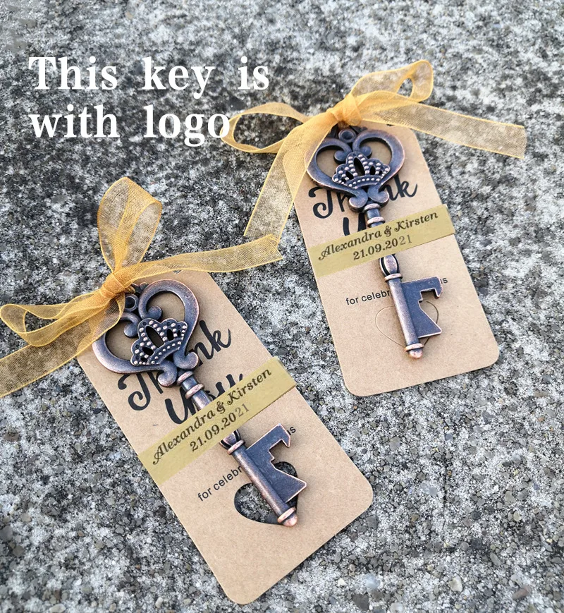 Hochzeitsgeschenke für Gäste Souvenirs Partygeschenke Kupferfarbener Skelettschlüssel Flaschenöffner mit personalisiertem Namensaufkleber – Detail 5