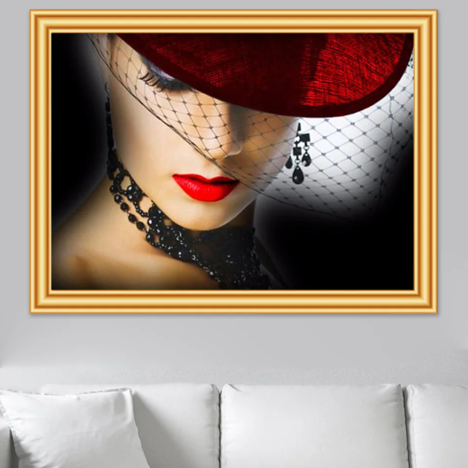 Full Square Diamond Embroidery Portrait Pretty Woman Red Hat &Red Lips 5D Diamond Painting  Mosaic Picture of Rhinestones Decor