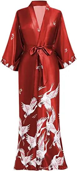 Print Crane Lady Kimono Bathrobe Gown Women Wedding Robe Loose Soft Satin Nightgown Sleepwear V-neck Long Novelty Nightwear