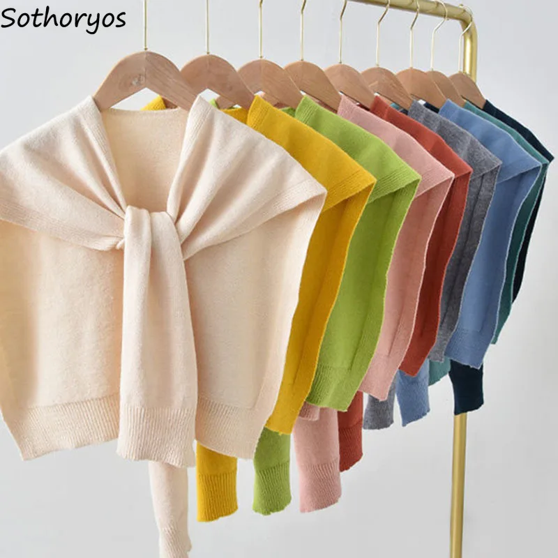 Women Shrugs Sweater Solid Sleeveless Candy Colors Student All-match Spring Autumn Tie Shawl Knitted Wool Sweaters Soft Warm Top