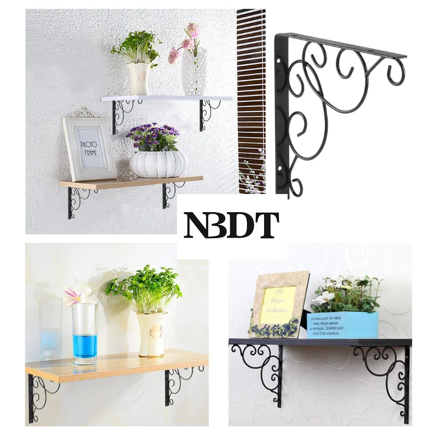 4Pcs Black Floating Shelf Brackets Wall-mounted Hanging Vine Pattern Rustic Rural