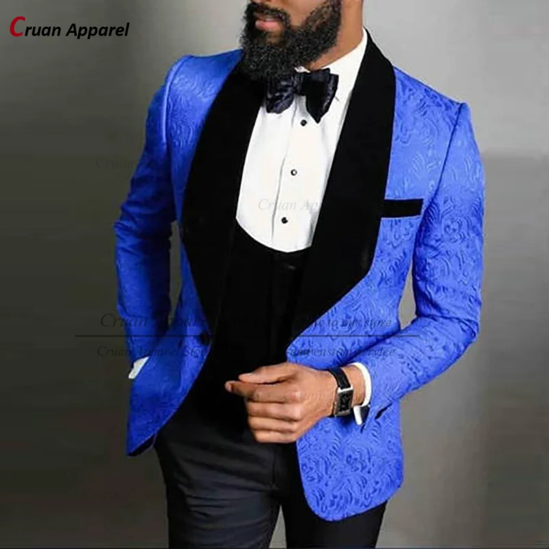 

Luxury Jacquard Blue Wedding Suits for Men Slim Fit Prom Party Groom Best Man Suit Tuxedo Set Formal Blazer Vest Pants 3 Pieces