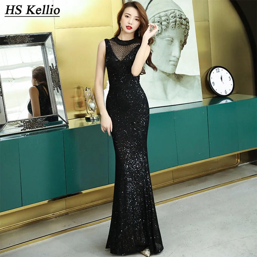 

HS Kellio High Collar Evening Dress Trumpet Black Sequined Lace Sexy Party Gown