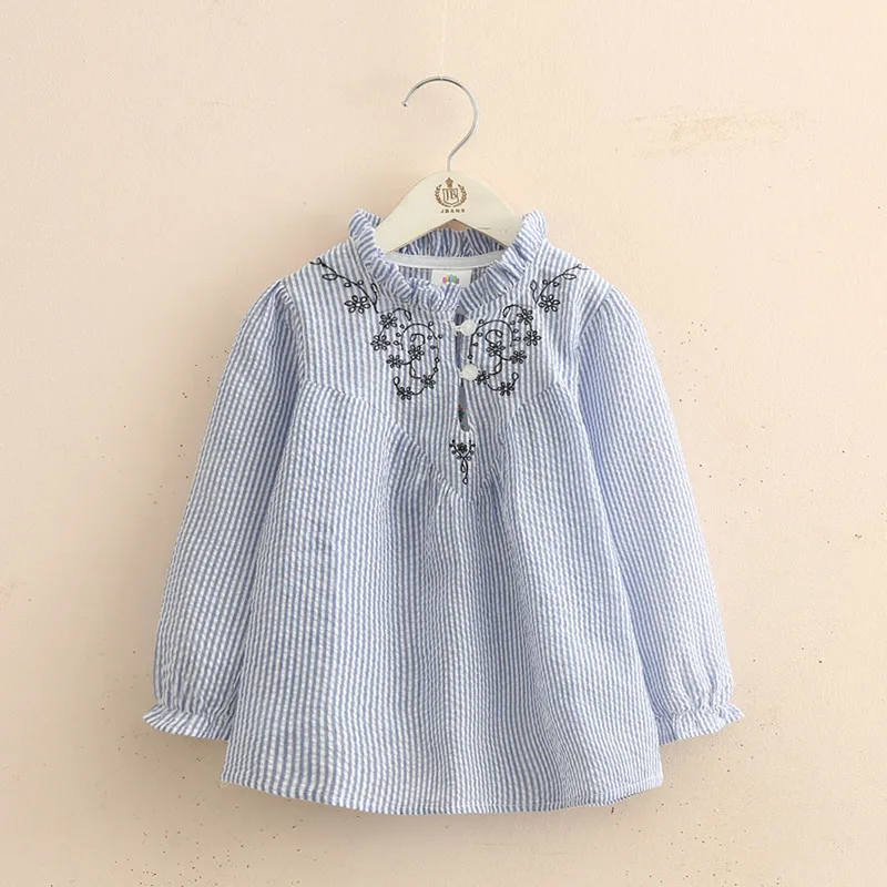 2024 Spring Autumn 2 3 4-10 Years Cotton Mandarin Collar Long flare trumpet Sleeve Flower Print Kids Girls Stripe Blouse Shirt